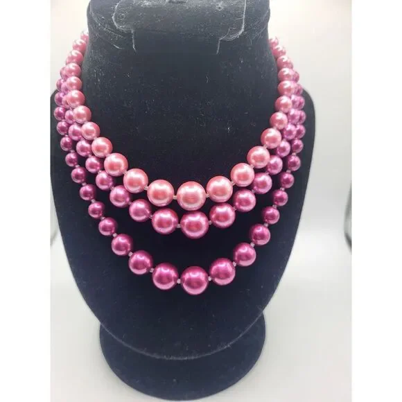 Vintage 50s Ombre Metallic Pink Graduated Beaded Necklace Signed JAPAN 17.5in - Picture 2 of 4
